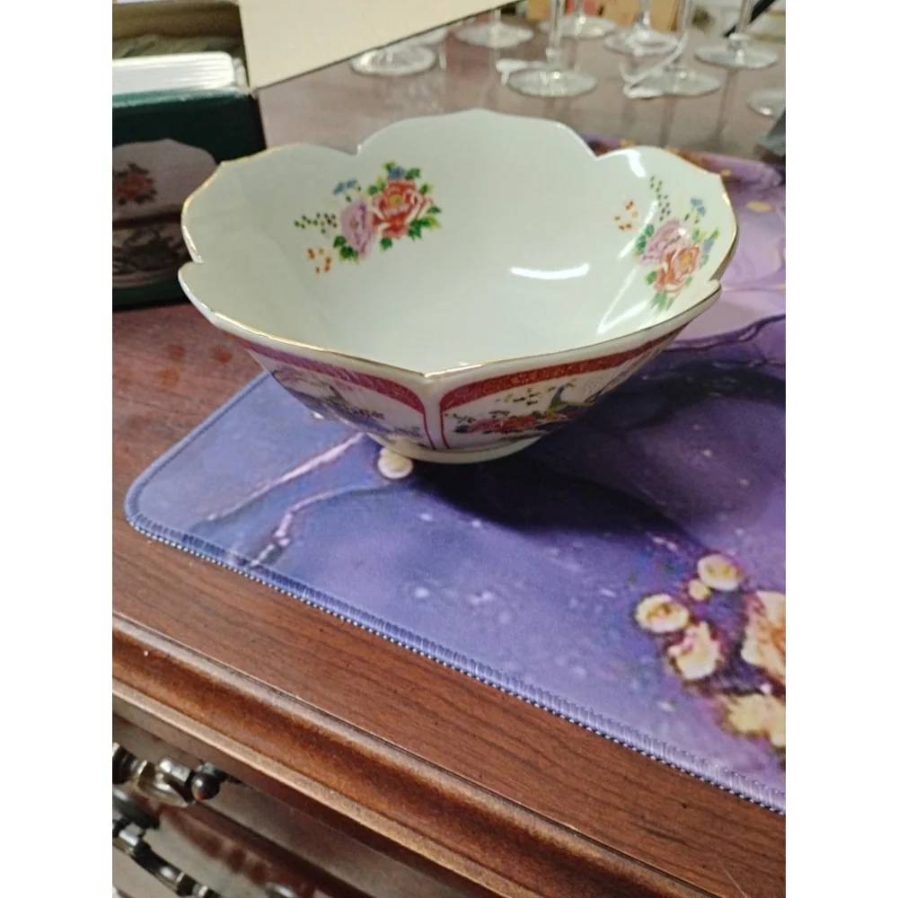 Vintage Satsuma Porcelain Peacock Flowers Lotus Leaf Scalloped Lip Bowl 7
